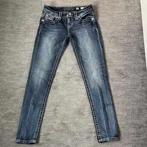 Miss Me Faded Blue Skinny Jeans with Rhinestone and Sequin Embellishment